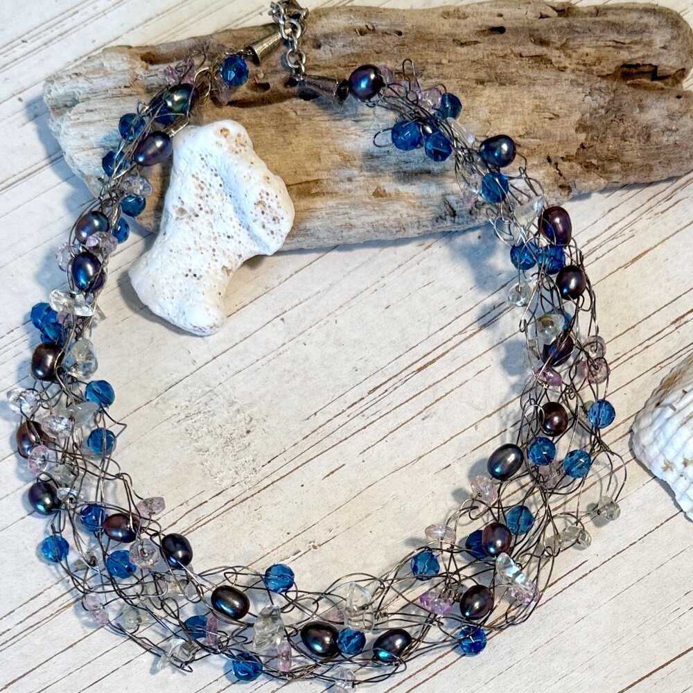 OOAK - Freshwater Cultured Pearl, Stone & Bead "Crochet" Necklace